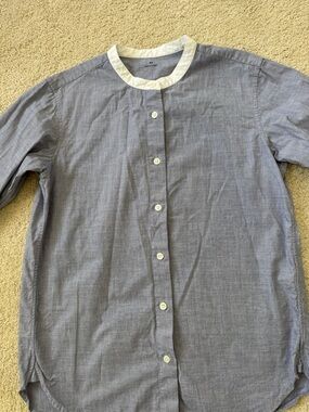 MUJI | Blue Button-Up Shirt White Band Collar | 100% Cotton | Size XS